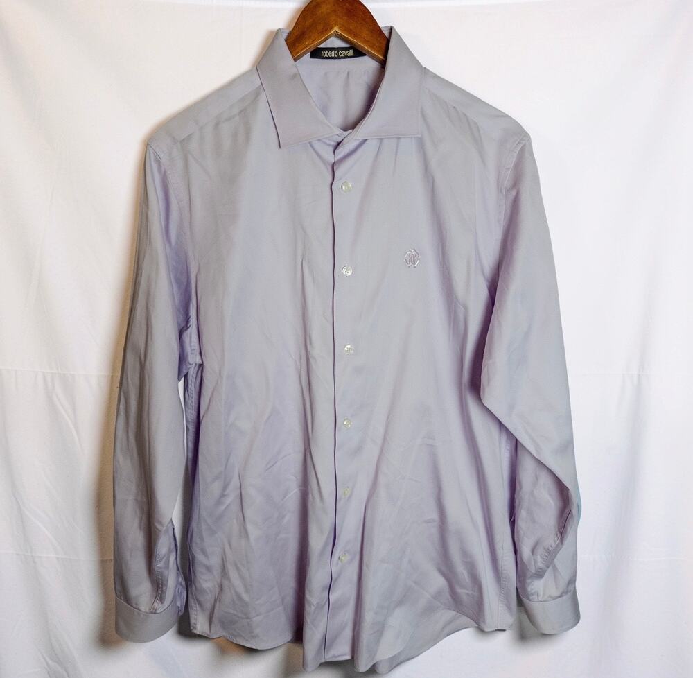 Roberto Cavalli Lilac Logo Embroidered Cotton Button Down Shirt 43/17